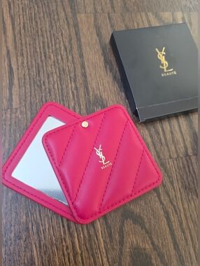 YSL Beaute Pocket Hand Mirror Red Faux Leather Quilted Soft Cushion design Boxed